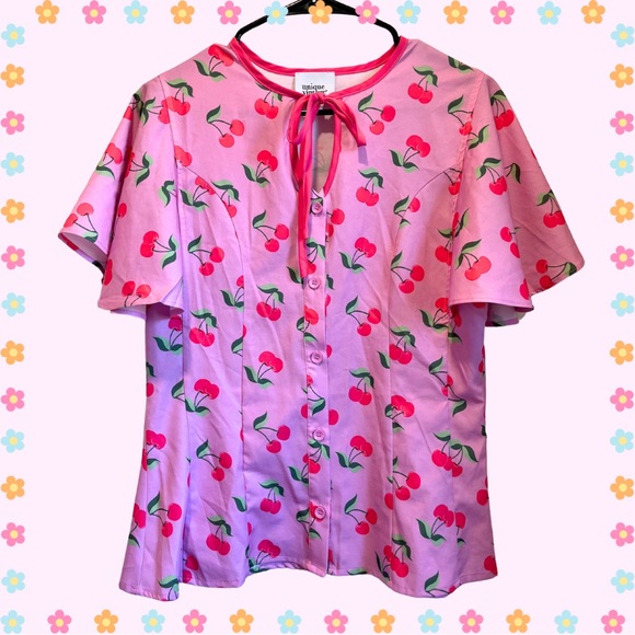 Unique Vintage Tops - Unique Vintage Hot Pink Cherry Tie Neck Blouse 50s 60s Inspired Pinup Kawaii